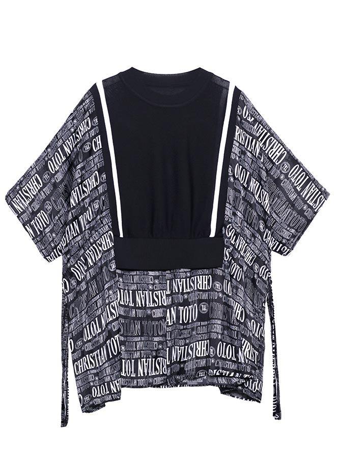 Boho Black Patchwork Graphic tie waist Blouse Tops Summer - SooLinen