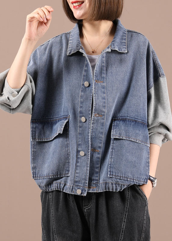 Boho Black Patchwork Pockets Fall Denim Jackets Long Sleeve