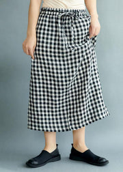 Boho Black Plaid Pockets Fall Tie Waist Skirt - SooLinen