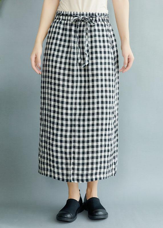 Boho Black Plaid Pockets Fall Tie Waist Skirt - SooLinen