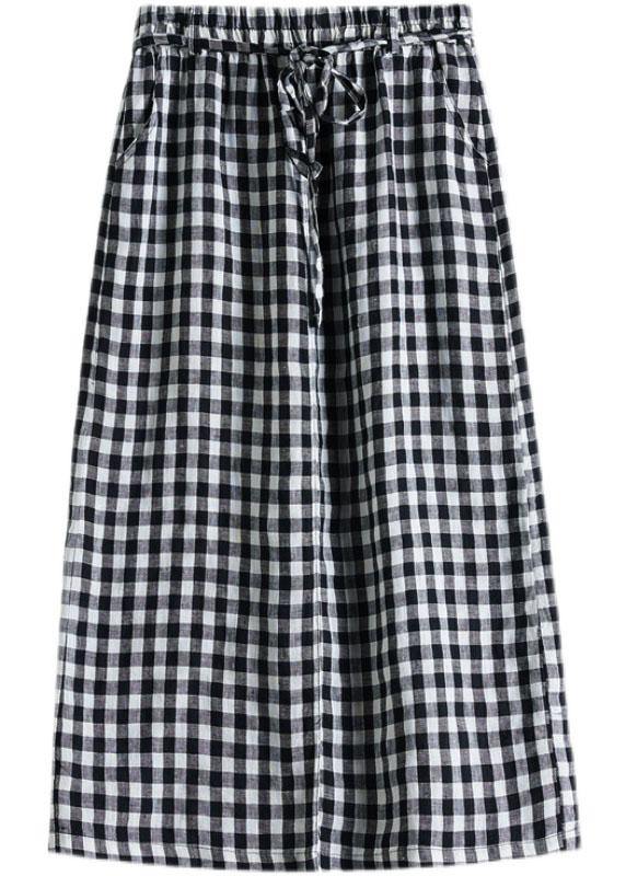 Boho Black Plaid Pockets Fall Tie Waist Skirt - SooLinen