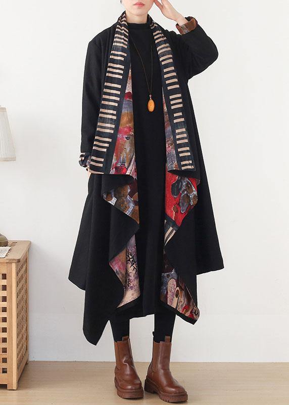 Boho Black Red V Neck Asymmetrical Design Fall Long Sleeve Loose Coat - SooLinen