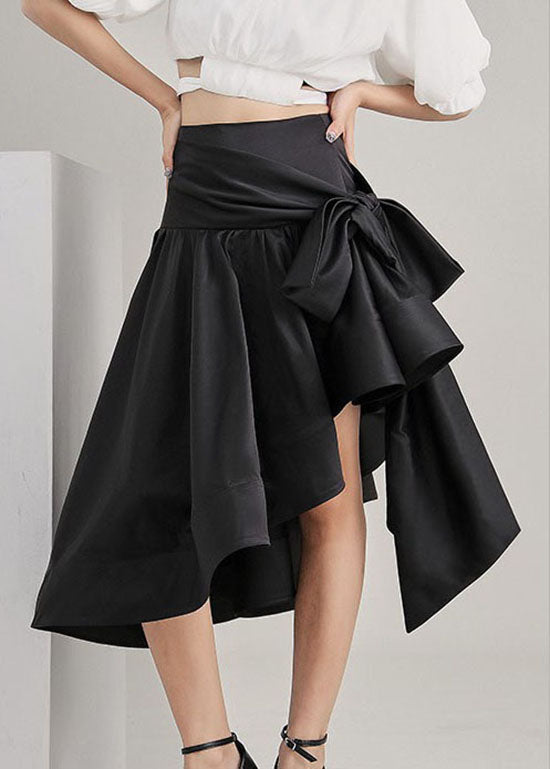 Boho Black tie waist Asymmetrical Satin pleated skirt Spring