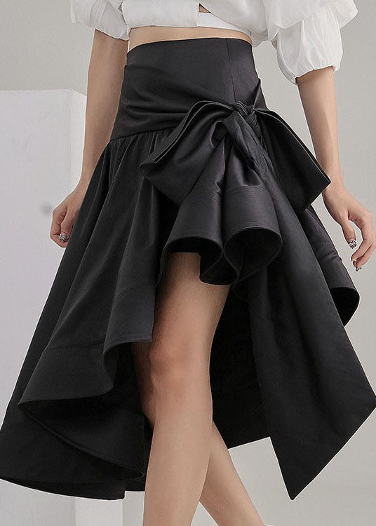 Boho Black tie waist Asymmetrical Satin pleated skirt Spring