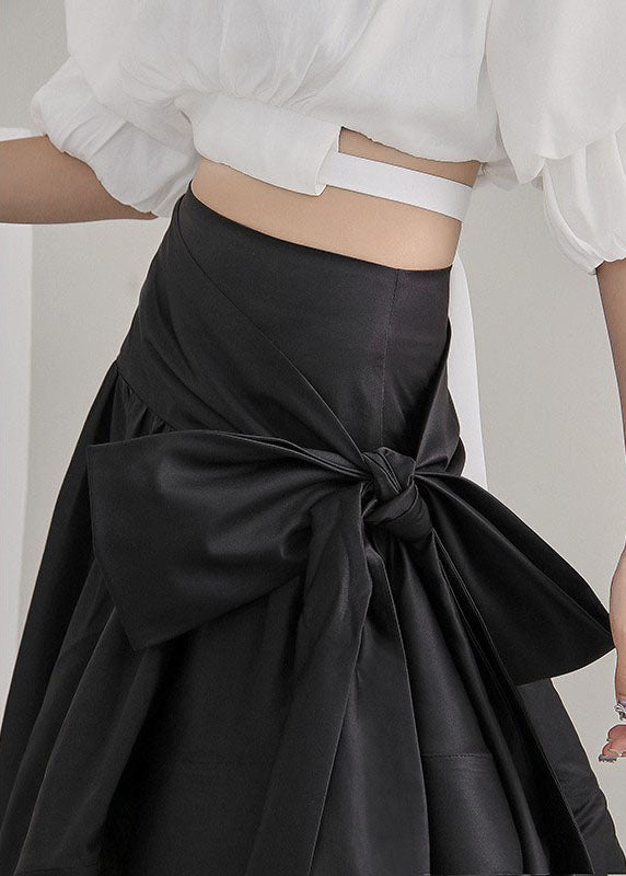 Boho Schwarze Krawattentaille Asymmetrischer Satin-Faltenrock Frühling