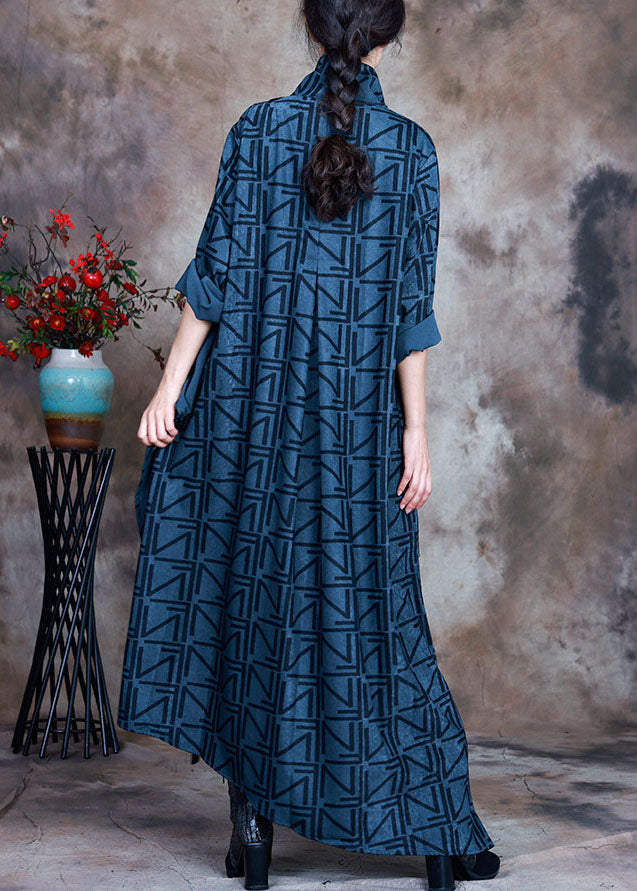 Boho Blue Asymmetrical Print Robe Dresses Spring