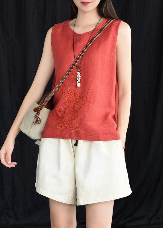 Boho Blue Embroideried Sleeveless Linen Shirt Tops Summer - SooLinen