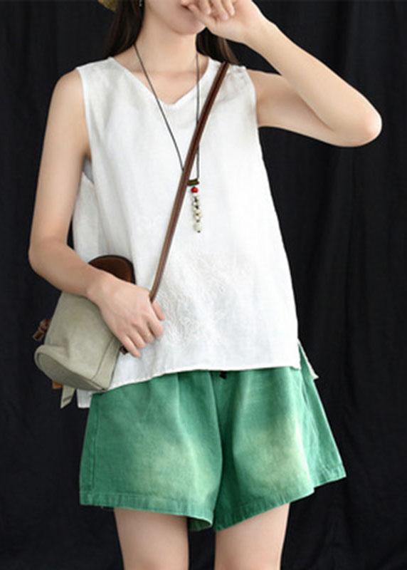 Boho Blue Embroideried Sleeveless Linen Shirt Tops Summer - SooLinen