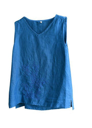 Boho Blue Embroideried Sleeveless Linen Shirt Tops Summer - SooLinen