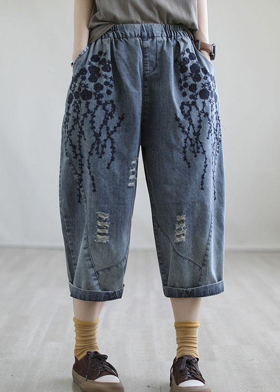 Boho Blue Embroideried Summer Denim Pants - SooLinen