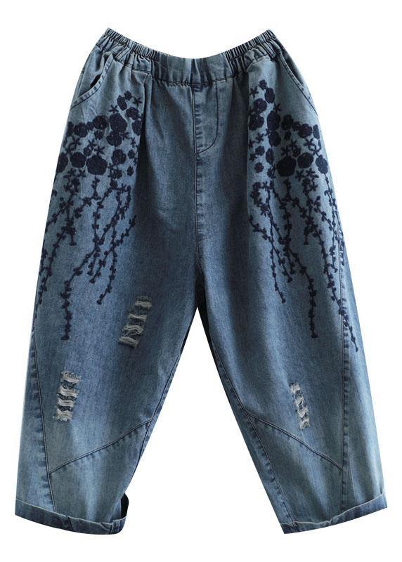 Boho Blue Embroideried Summer Denim Pants - SooLinen