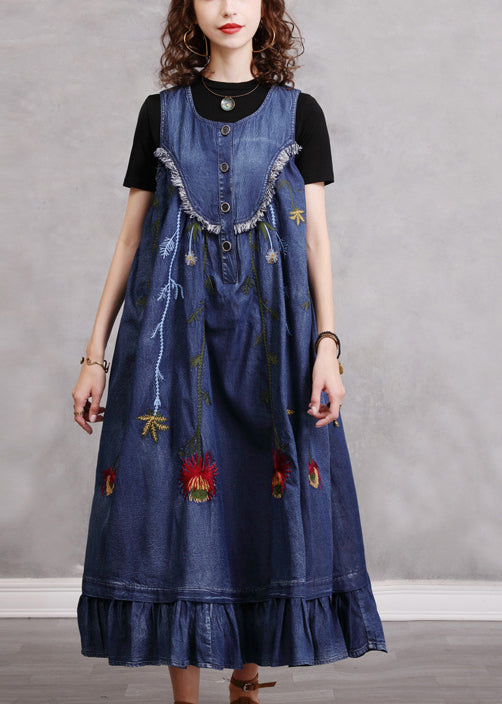 Boho Blue O-Neck gekräuselte bestickte Patchwork-Baumwoll-Denim-Kleid ärmellos