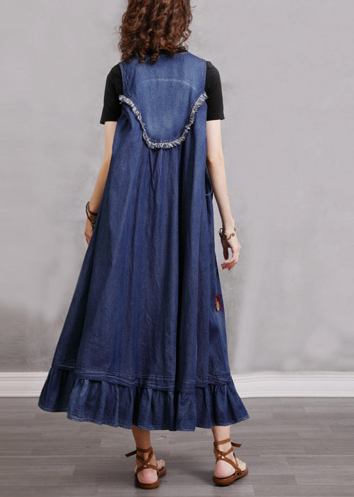 Boho Blue O-Neck Ruffled Embroideried Patchwork Cotton Denim Dress Sleeveless