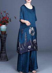 Boho Blue Patchwork Print long clothes Wide Leg Two Pieces Set - SooLinen