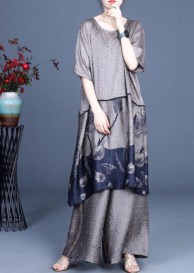 Boho Blue Patchwork Print long clothes Wide Leg Two Pieces Set - SooLinen