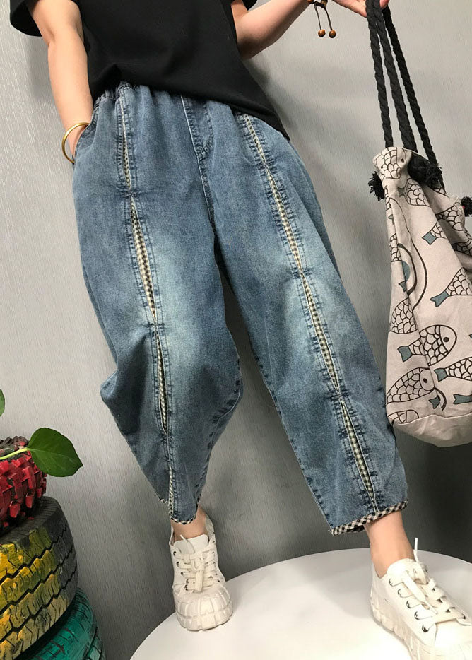 Boho Blue Plaid Patchwork denim Pants Spring