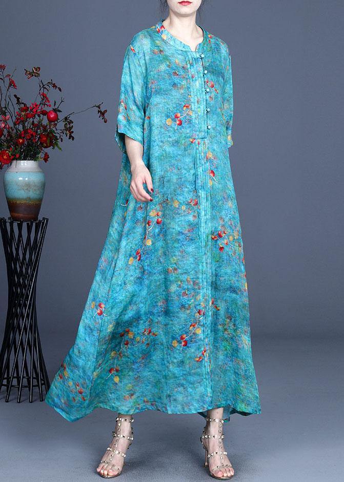 Boho Blue Print O-Neck Summer Ramie Long Dress Half Sleeve - SooLinen