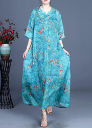 Boho Blue Print O-Neck Summer Ramie Long Dress Half Sleeve - SooLinen