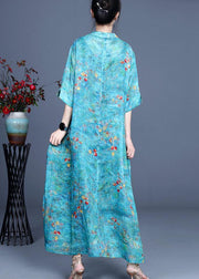 Boho Blue Print O-Neck Summer Ramie Long Dress Half Sleeve - SooLinen