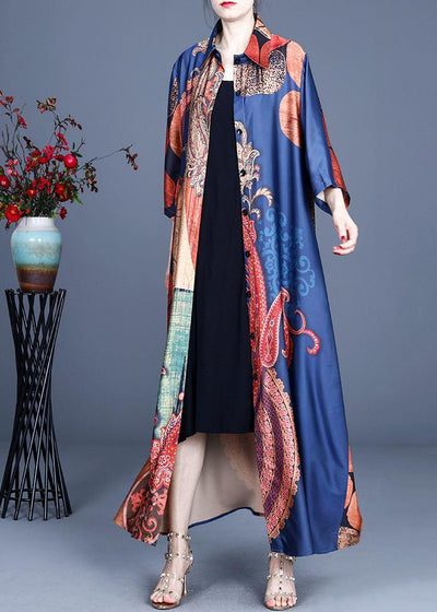 Boho Blue Print Summer Silk Button Cardigan Long - SooLinen