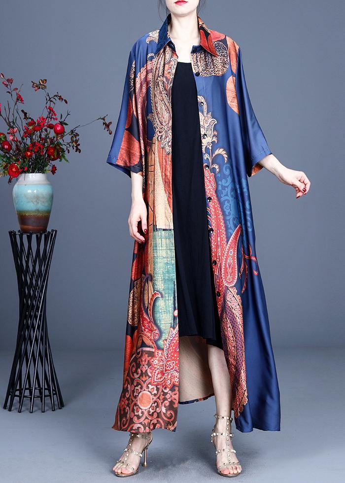 Boho Blue Print Summer Silk Button Cardigan Long - SooLinen