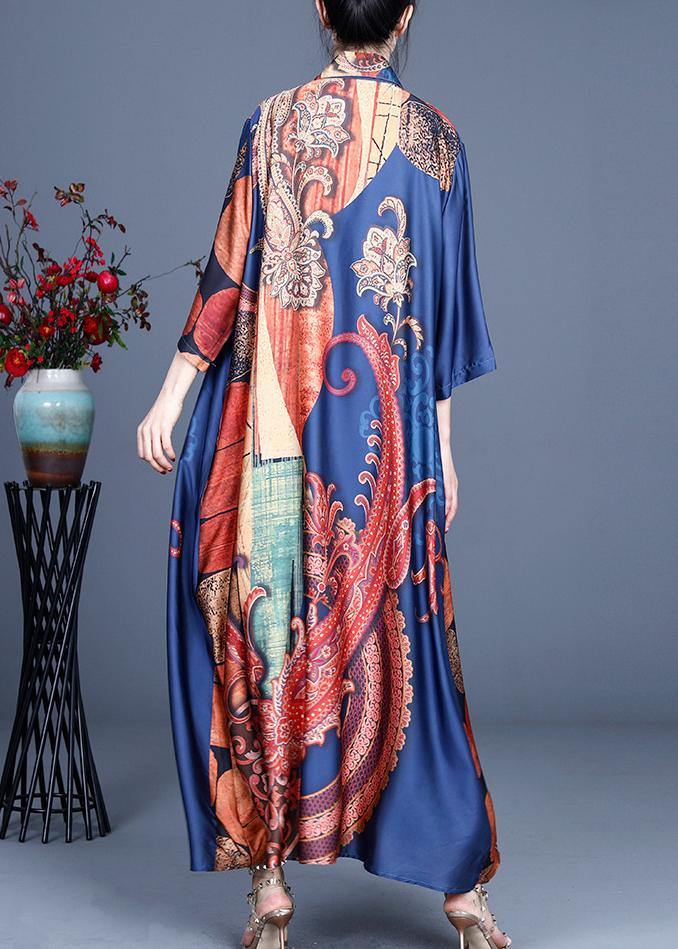 Boho Blue Print Summer Silk Button Cardigan Long - SooLinen