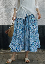 Boho Blue asymmetrical design Striped Patchwork Linen Skirt Spring