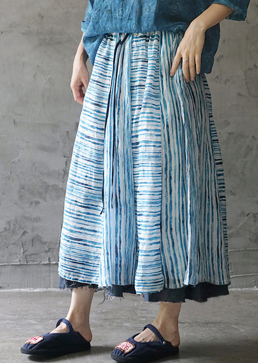 Boho Blaues asymmetrisches Design Gestreifter Patchwork-Leinenrock Frühling