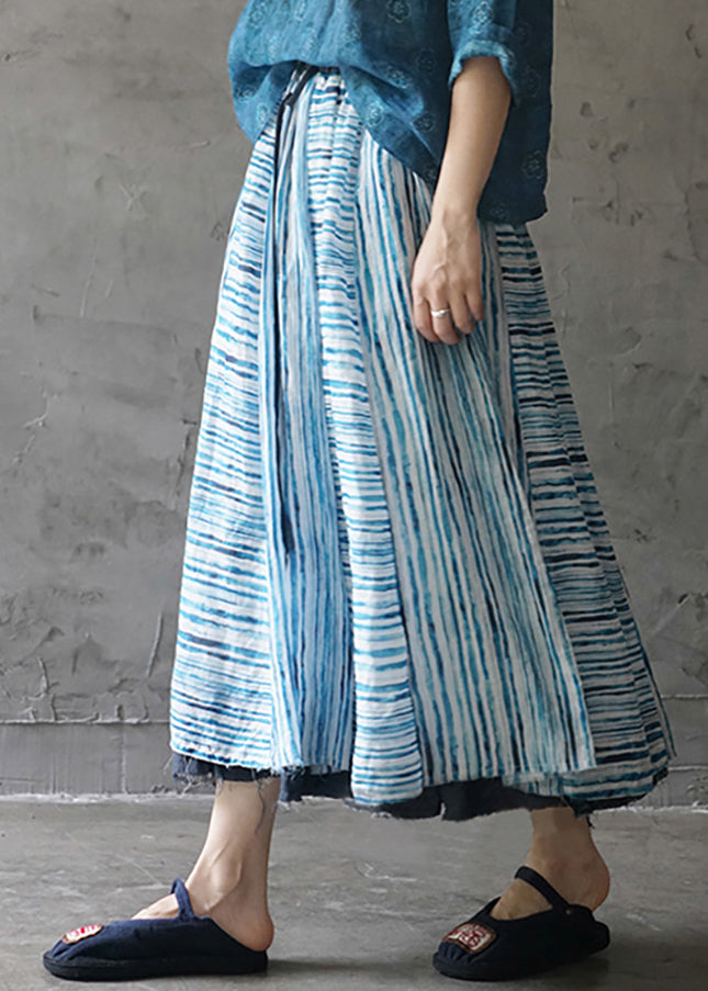 Boho Blue asymmetrical design Striped Patchwork Linen Skirt Spring