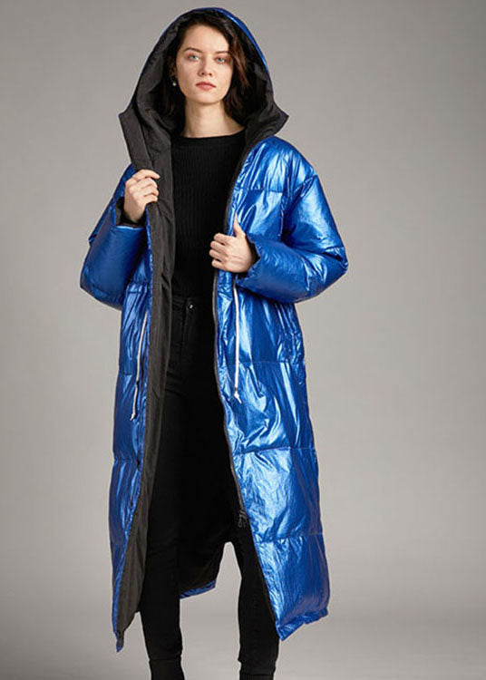 Boho Blue hooded Pockets long Winter Duck Down coat