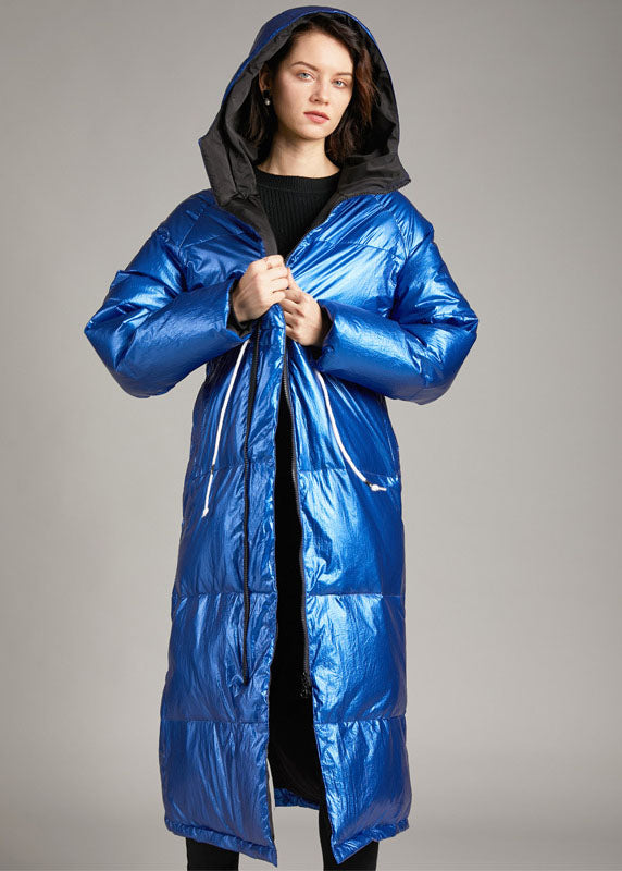 Boho Blue hooded Pockets long Winter Duck Down coat