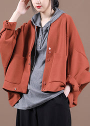 Boho Brick Red Bat Wing Sleeve Pockets Button Fall Top