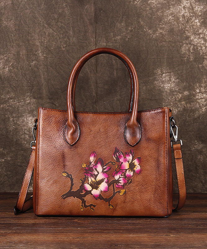 Boho Brown Print Paitings Calf Leather Satchel Handbag