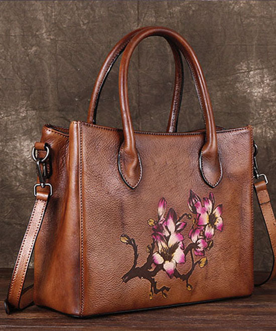 Boho Brown Print Paitings Calf Leather Satchel Handbag