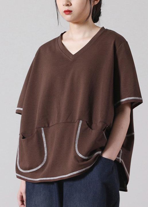 Boho Chocolate Pockets Cotton Short Sleeve Tee - SooLinen