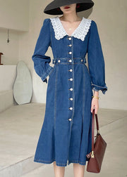 Boho Dark Blue slim fit Button denim Dress Spring