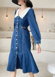 Boho Dark Blue slim fit Button denim Dress Spring