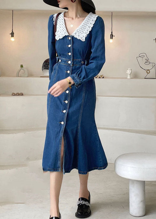 Boho Dark Blue slim fit Button denim Dress Spring