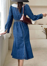 Boho Dark Blue slim fit Button denim Dress Spring