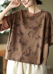 Boho Dark Coffee O-Neck Oversized Print Cotton Tanks Short Sleeve