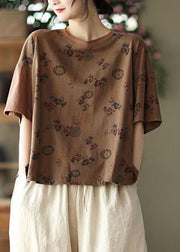 Boho Dark Chocolate O-Neck Oversized Print Cotton Tanks Short Sleeve