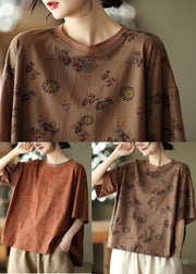 Boho Dark Chocolate O-Neck Oversized Print Cotton Tanks Short Sleeve