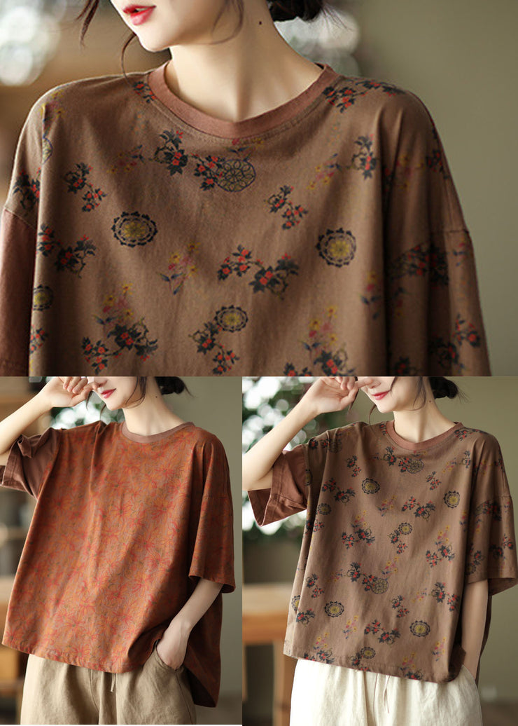 Boho Dark Coffee O-Neck Oversized Print Cotton Tanks Short Sleeve