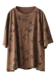 Boho Dark Coffee O-Neck Oversized Print Cotton Tanks Short Sleeve