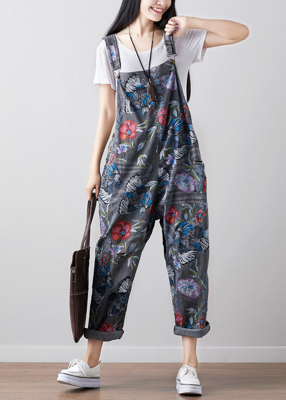 Boho Dark Gray Print Cowboy Jumpsuit Spring