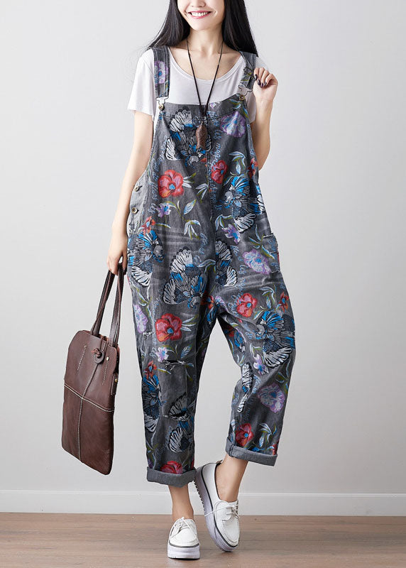 Boho Dark Gray Print Cowboy Jumpsuit Spring