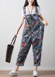 Boho Dark Gray Print Cowboy Jumpsuit Spring