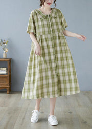 Boho Green Plaid Peter Pan Collar Button Summer Party Dress Half Sleeve - SooLinen