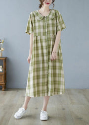 Boho Green Plaid Peter Pan Collar Button Summer Party Dress Half Sleeve - SooLinen