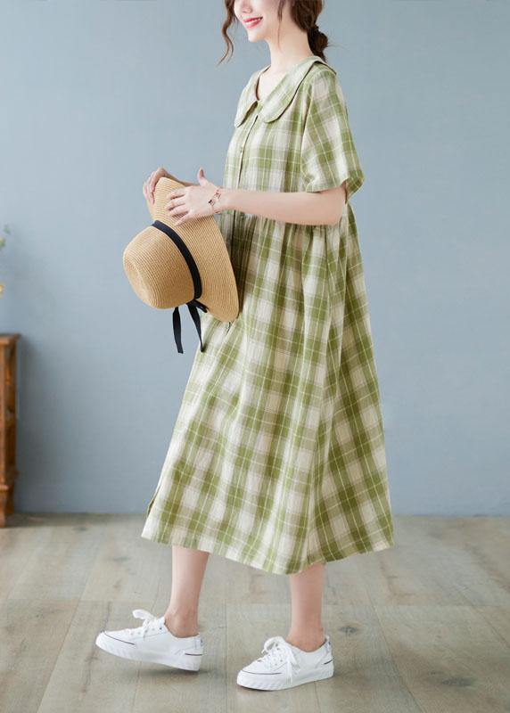 Boho Green Plaid Peter Pan Collar Button Summer Party Dress Half Sleeve - SooLinen